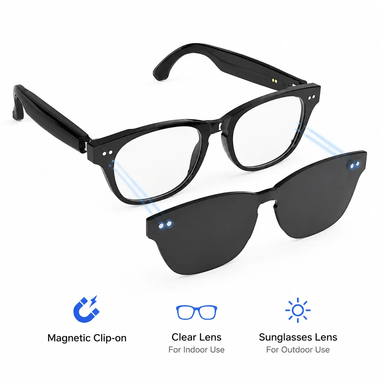 Smart Bluetooth Audio Glasses with Magnetic Sunglasses Lens, Open Ear Speakers, Hands-Free Calling, Music Playback, Voice Recording & AI Translation