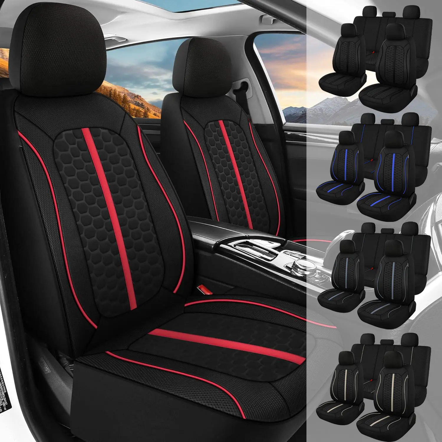 5-Seater Full Set Fabric Passenger Airbag Compatible Car Seat Cushions - Car Accessories, Easy Installation, Interior Upgrade, Front & Rear Protection, Universal Fit for Nissan, Honda, Kia, Toyota, Hyundai, Mazda