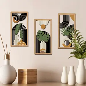 3-Piece Bohemian Wooden Wall Art Set, Intricate Vase, Plant and Banana Leaf Design for Home & Office Decor, No Feather or Battery Required, Modern Home Decor, Art Wall Decoration