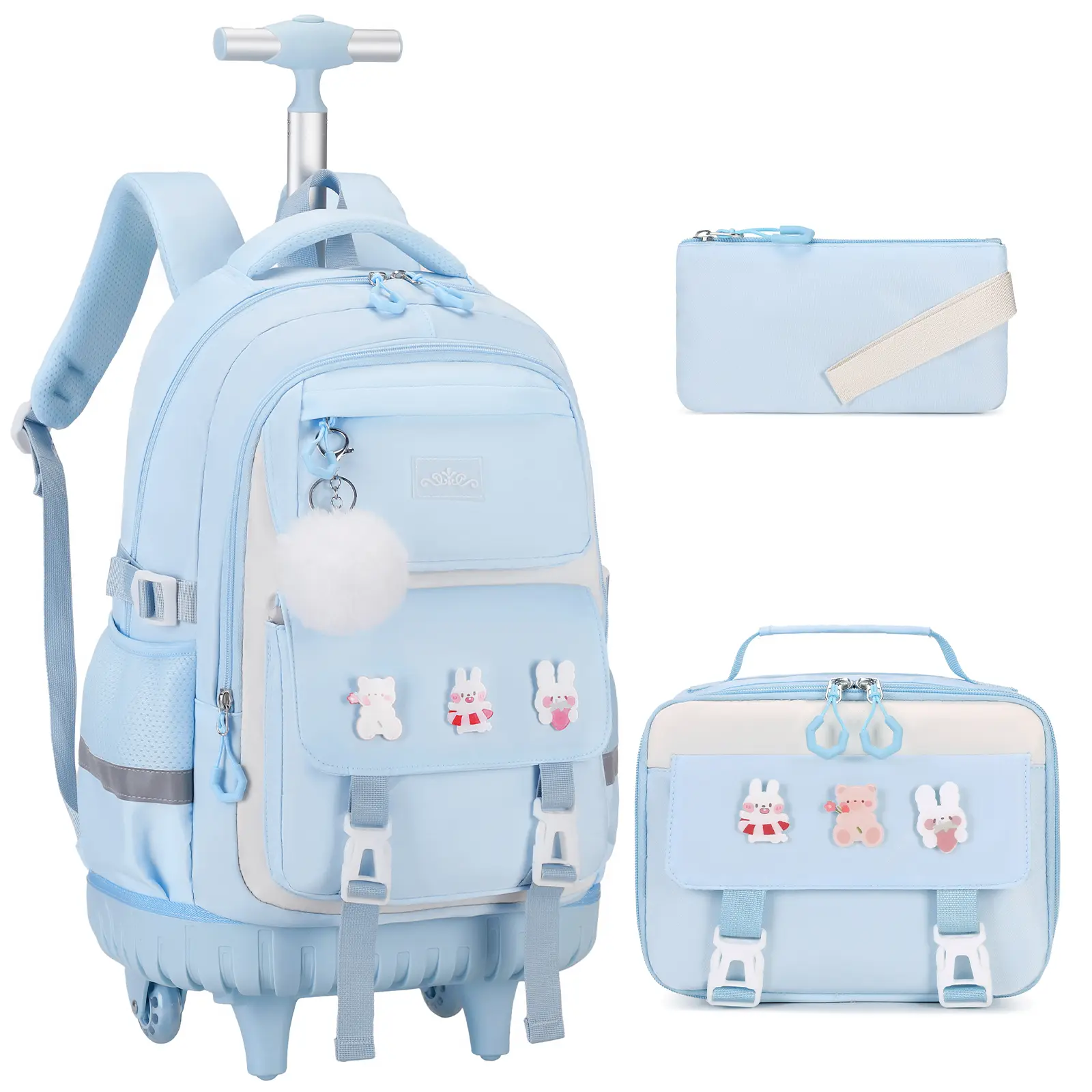 SIMILOVE Wheeled Rolling Backpack for Girls, School Book Bag Set Pack with Lunchbox, Pencil Case & Cute Pins - Includes Accessories, Ideal for Elementary School (Pink), Book Bags For School, Wheeled Bag