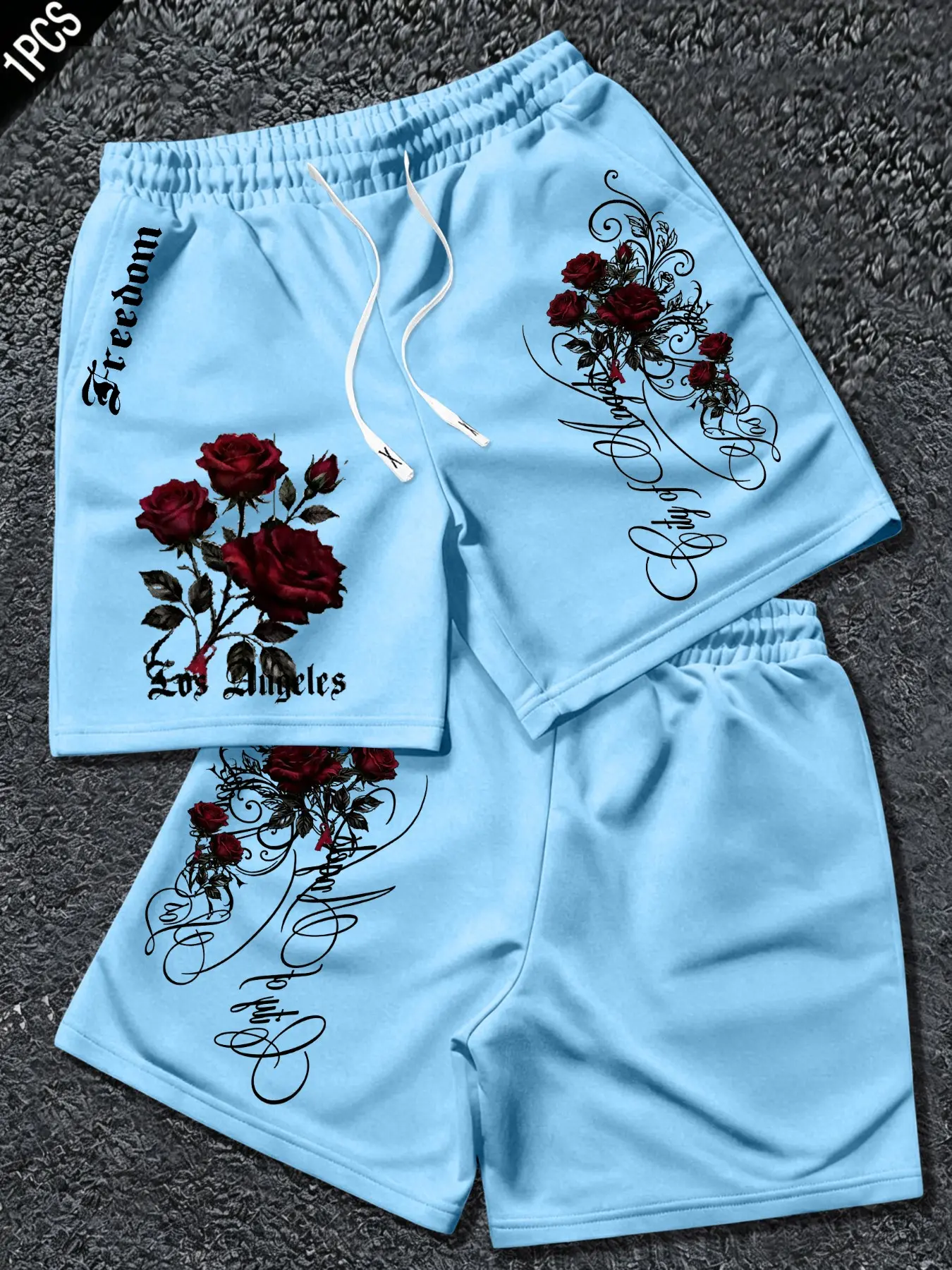 Men's Summer Gothic Style Rose Print Shorts, Soft Knit Fabric, Breathable, Adjustable Waist, Comfortable Fit, Street Style, Fashionable Summer Shorts
