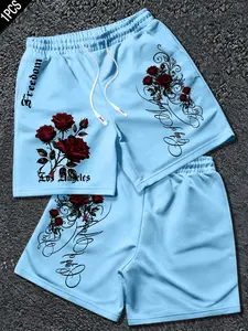 Men's Summer Gothic Style Rose Print Shorts, Soft Knit Fabric, Breathable, Adjustable Waist, Comfortable Fit, Street Style, Fashionable Summer Shorts
