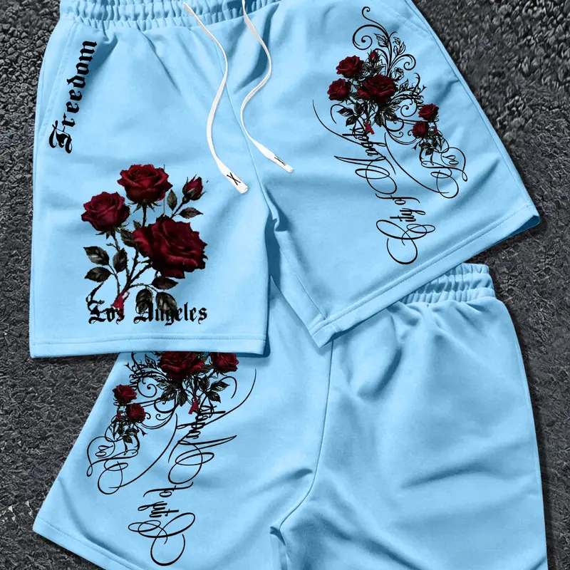 Men's Summer Gothic Style Rose Print Shorts, Soft Knit Fabric, Breathable, Adjustable Waist, Comfortable Fit, Street Style, Fashionable Summer Shorts