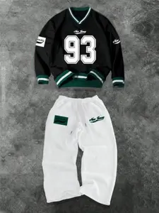 Street Casual Streetwear Set Unisex Stacked Collar Sweatshirt Long Sleeve Printed Pants Two-Piece Set, Colorblock, American Retro School Style