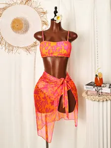 Women's Fashion Bikini Three-Piece Swimsuit Set, Stylish Floral Print Swimsuit for Beach and Pool, Comfortable and Sexy Bathing Suit