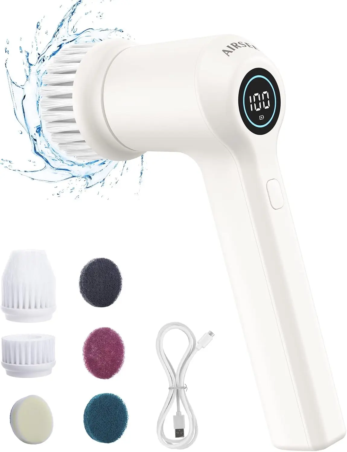 AIRSEE Handheld Electric Spin Scrubber with 6 Replaceable Brush Heads,White | Powerful cordless rotating brush with 2 speeds,Handheld for shower, floors, windows, bathtubs, tiles, sinks and cars