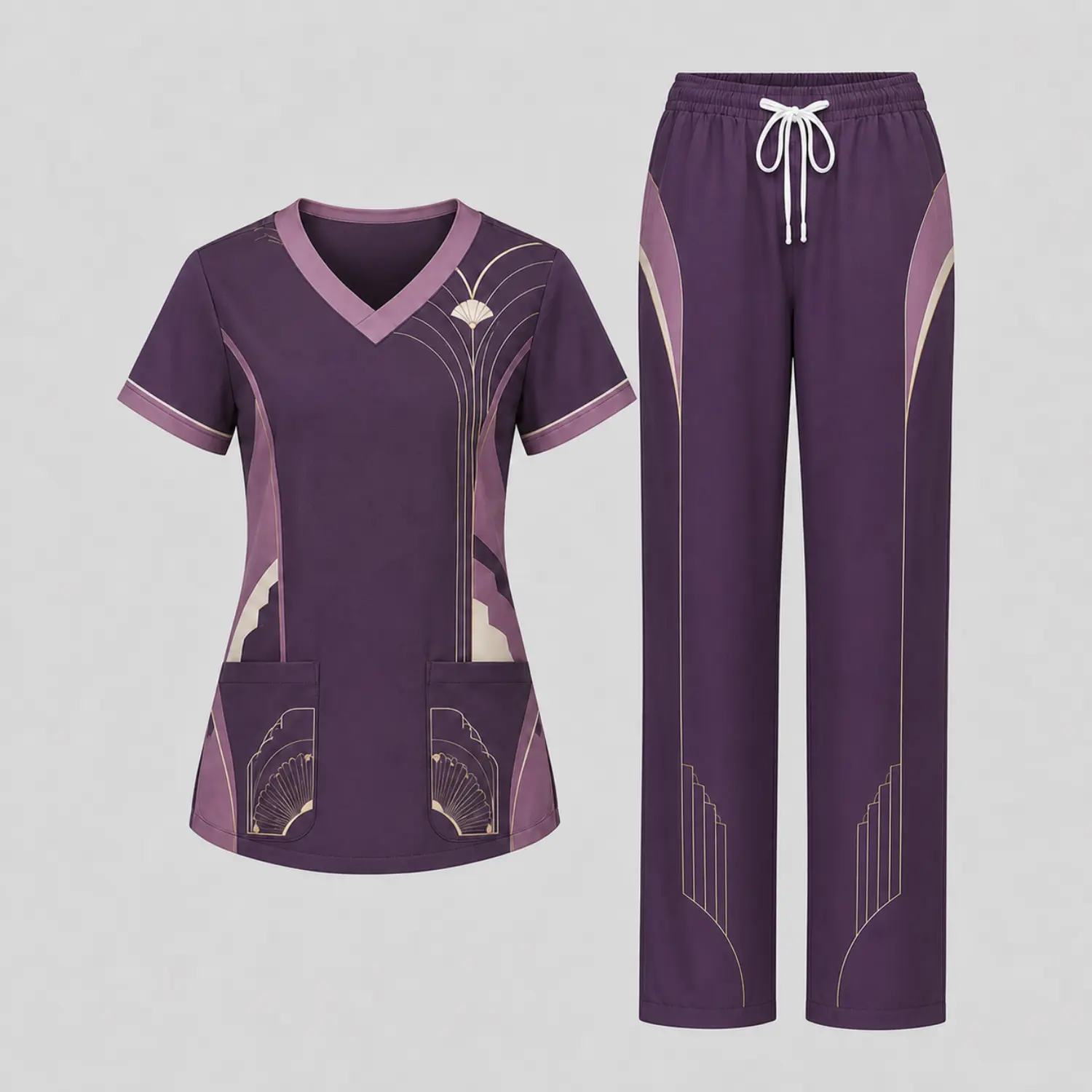 Purple Art Deco Pattern Nurse Scrub Set V-Neck Top with Pockets + Elastic Drawstring Pants for Medical Work