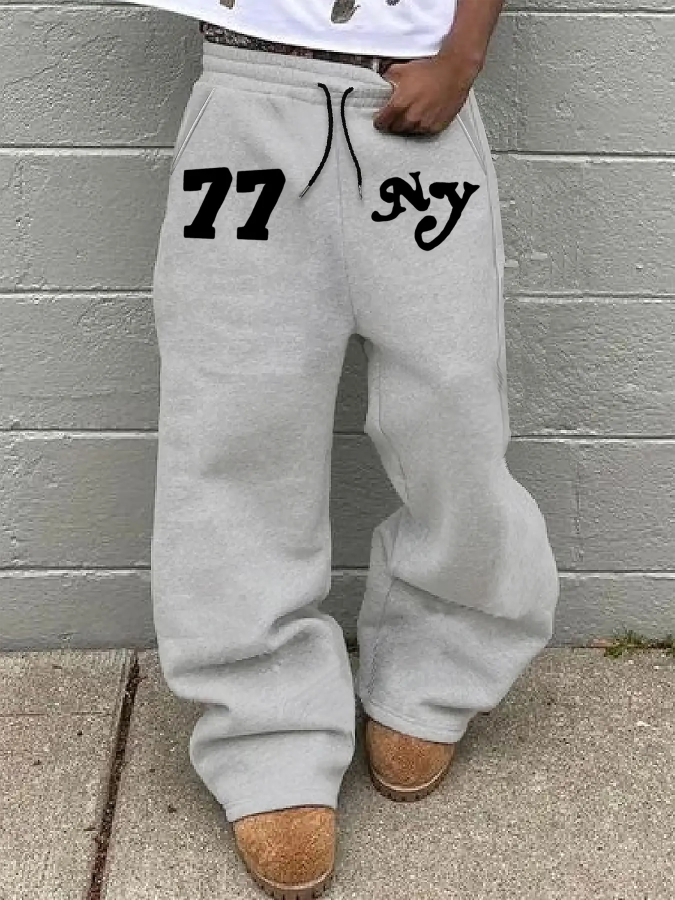 American Street Style Wide Leg Sweatpants, Side Print '77' & 'ny', Drawstring Design, Comfortable Fit for All Seasons