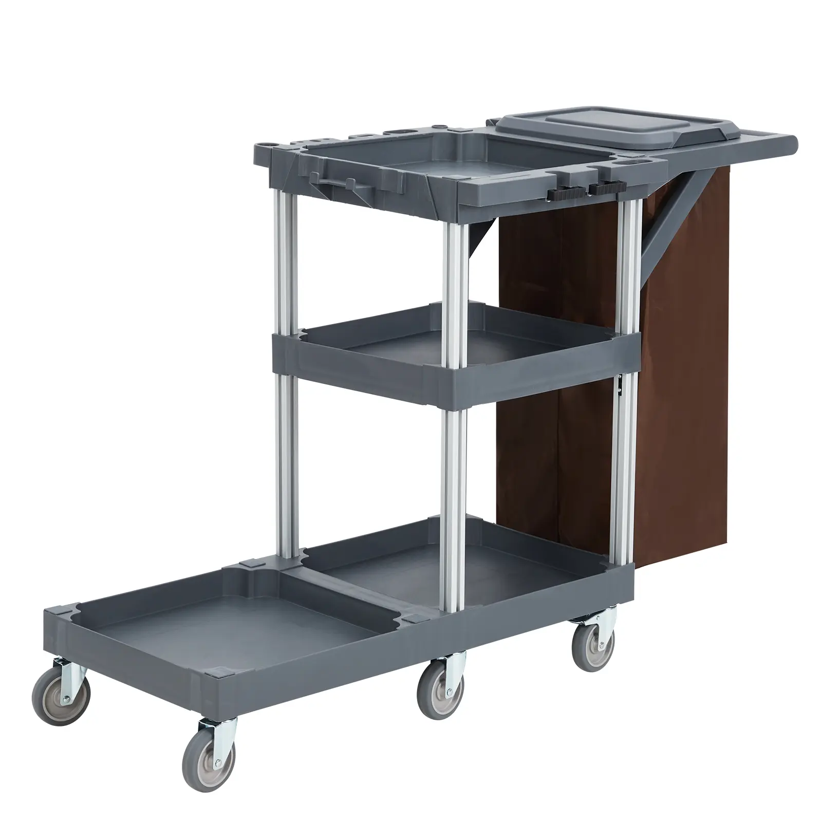 3-shelf commercial cleaning cart with cover and vinyl bag. Holds up to 300 lbs, rolls quietly on casters, and keeps mops, brooms, and chemicals organized. Built for hotels, schools, and hospitals.