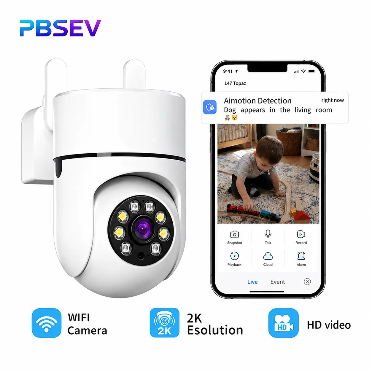 PBSEV  2K PTZ Indoor Smart Security Camera - Bluetooth, Wi-Fi, Motion Sensor, Auto Human Tracking, Full-Color Night Vision, Instant Alerts, 2-Way Audio, 24/7 Loop Recording, Panoramic Monitoring, Micro SD Compatible, Adjustable, New House Gift