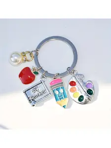 Flat Circle Drill Circle Imitation Pearl Red Apple Palette Keychain To Send The Teacher To The Student Key Ring