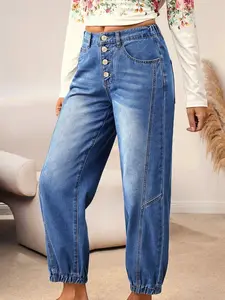 Women's Aesthetic Polyester Streetwear Tapered Denim Joggers - 4-Button High Waist, Loose Fit, Stretchy Balloon Jeans with Pockets, Ankle Elastic Cuff, Barrel Pants (Pair with Bodysuit/Sweater) fathersdaygift