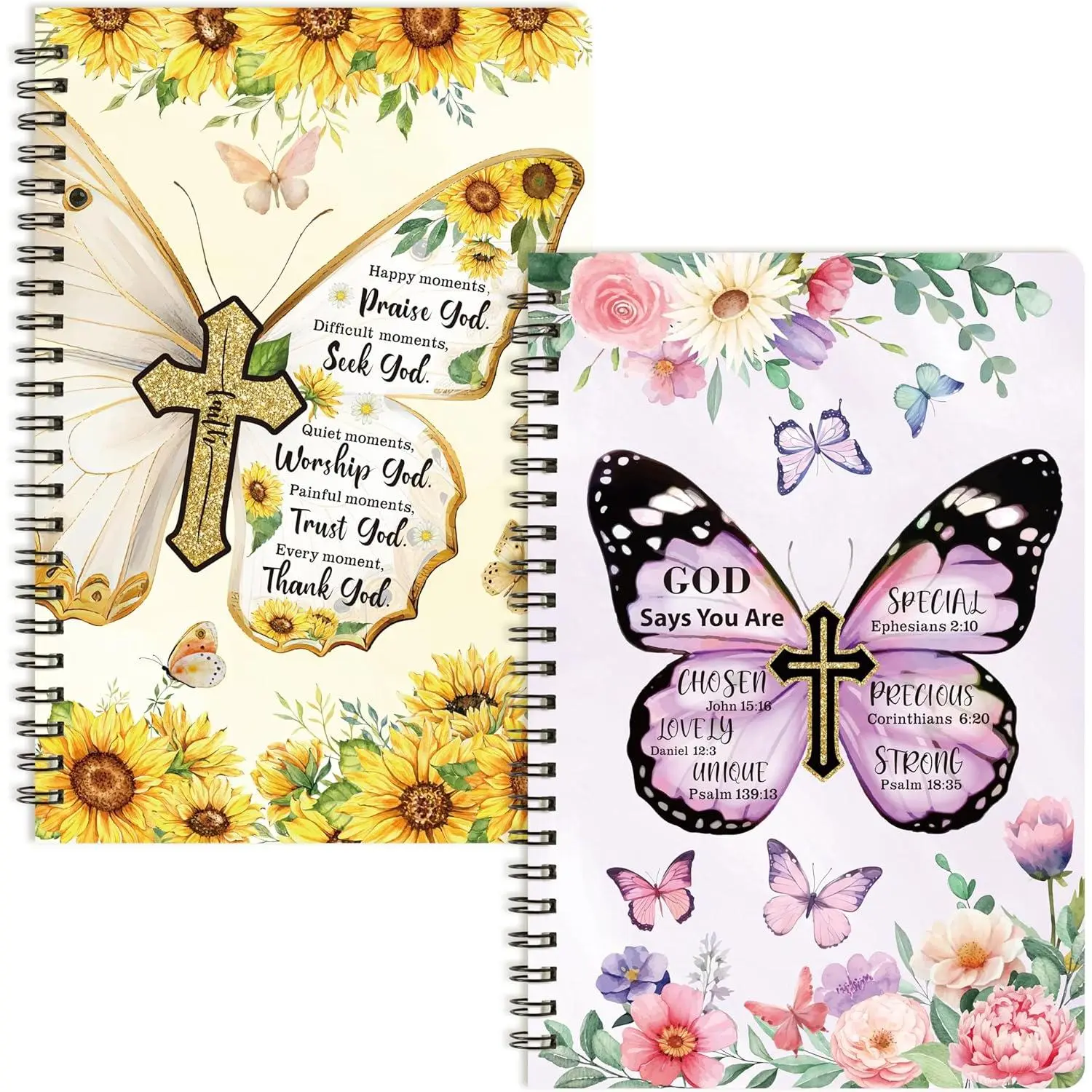 A5 Floral  Butterfly Religious Spiral Notebooks - 2Packs with Verse Ruled Design, Hardbound Journal, Christian Christmas Sunday School Supplies