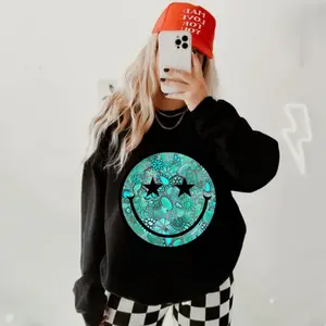 Turquoise Smiley Face Crewneck Sweatshirt western clothing stuff, western outfits women tops, country western girl clothes hoodies winter outfits for women