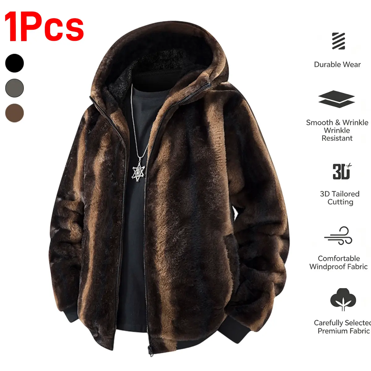 Men's Long Fleece Hooded Jacket - Autumn Winter Fashion, Full Zipper, Knitting Striped Design, Thickened Lined, Multi-Function, Machine Washable, Do Not Bleach, Fur & Faux Fur Jacket for Casual Street Life, Business, Durable Wear, None, Normal Type, Long,