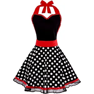 Cute Sweetheart  Apron for Women Girls Polka Dot Retro Stylish Apron Sexy Black Dress 50s Aprons Lace Ruffle Adjustable  Strap Flirty Aprons Halloween Christmas Mothers Gifts