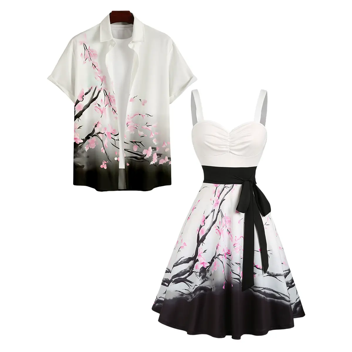 DRESSLILY His and Hers Couple Outfits, Elegant Floral Print Polyester Matching Holiday Clothes with Short Belted Dress & Regular Fit Button Shirt, Fabric