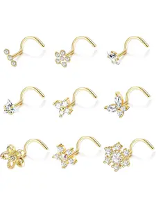 9pcs 20g Nose Rings Studs, Big Bling Cz Snowflake Star Top, Surgical Steel L-Shaped Nose Studs, Triple Linear Gem Ball, Round Diamond Cz, Nose Rings Set