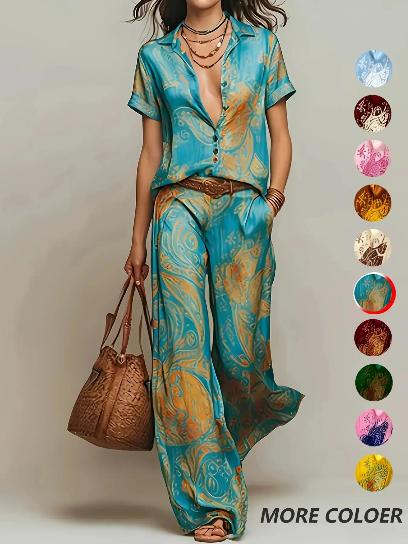 Faith's Exclusive Casual Vacation Chic Geometric Blouse with Pocket Straight Pants, No Belt Included, Perfect for Leisure Wear