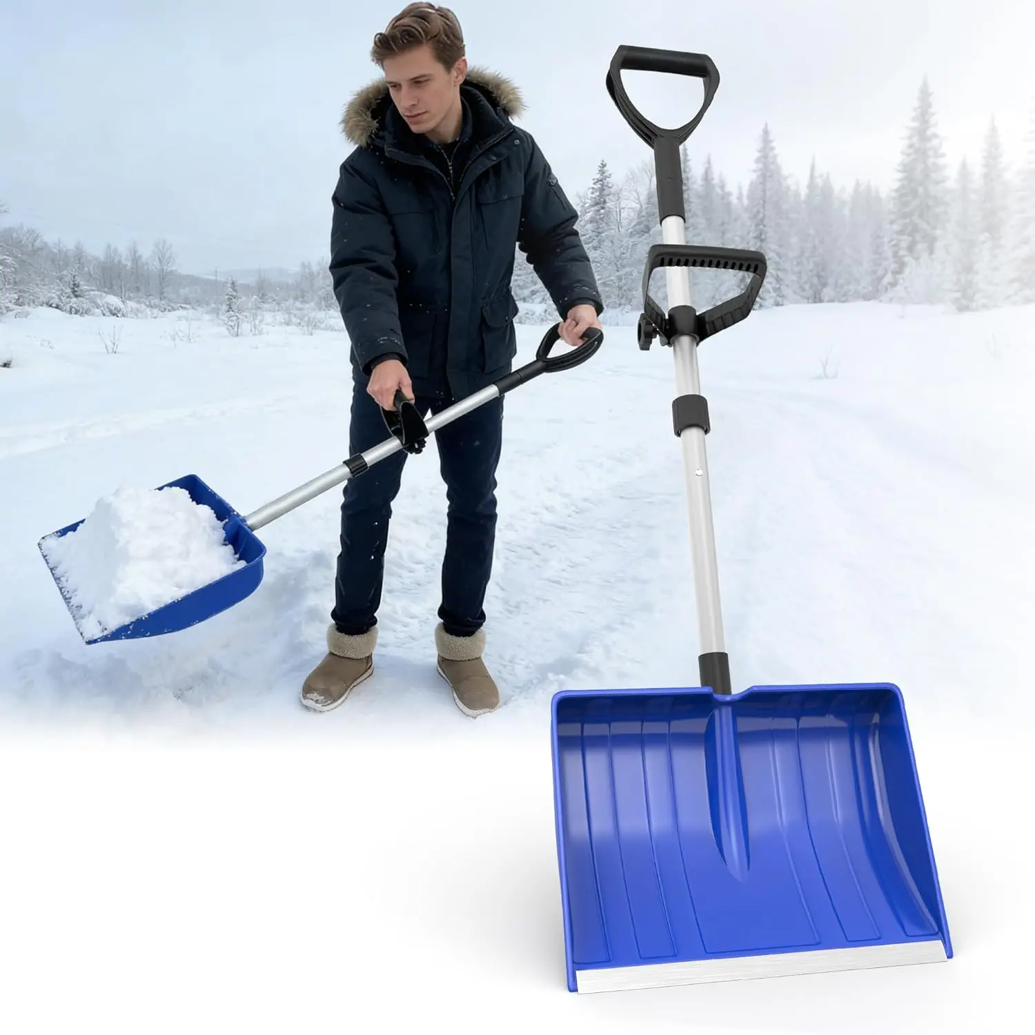 48-in Winter Plastic Snow Shovel for Driveways - Ergonomic, Lightweight Double-Handle Snow Removal Tool for Home Walkways, Outdoor Use, 48 Inch
