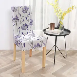 Purple Floral Pattern Polyester Stretch Dining Chair Slipcover, Home Decoration Category, Suitable for Dining Rooms, Living Rooms, Studies, Bedrooms, Coffee Shops, Conference Rooms, with Good Elasticity and Easy In