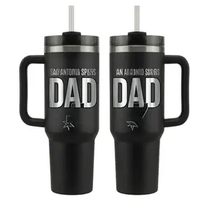 Black 40oz Tumbler with Handle, Stainless Steel Insulated Travel Mug, Sport Fan Gift, Reusable Drinkware