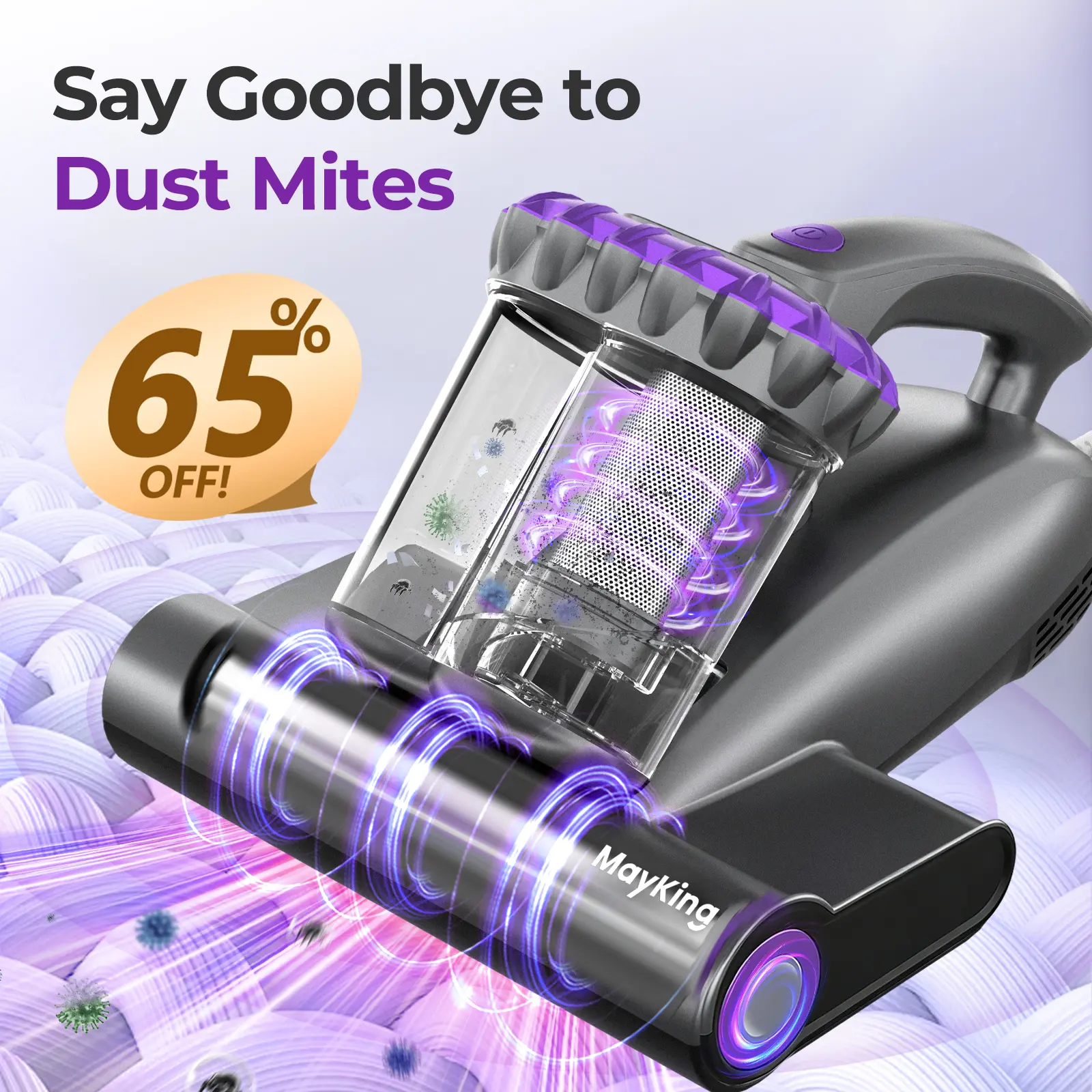 【DealsForYouDays】Mayking Mattress Vacuum Cleaner, 16kPa Strong Suction + 33000 RPM Tapping, UV & Ultrasonic Dust Mite Removal, Pet Hair Cleaner for Bed, Sofa & Baby Crib