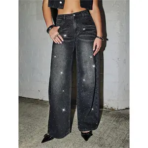 Women’s elegant rhinestone wide-leg jeans, comfortable high-waisted denim jeans, fashionable washed denim jeans for all seasons GARMENTARY