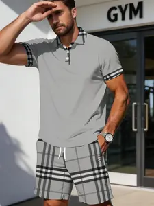Summer Men's Classic Plaid Patchwork Casual Set, Plaid Collar Polo Shirt + Plaid Shorts, with Pockets, Drawstring Waist, Perfect Gift