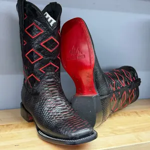 Men's Print Python Square Toe Boot - Black-cherry with Red Accents, Comfortable Footwear for Walking
