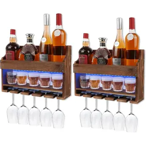 2 Pack Wall Mounted Rack, Wood LED Wine Glass Rack, Bar Shelf, Wine Glass Holder Wall Mounted, Floating Bar Shelves for Kitchen, Dining Room, Home Bar