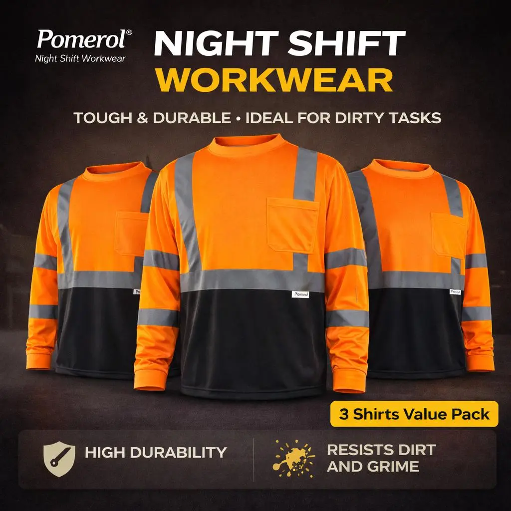 Pomerol Men's 3-Pack High Visibility Neon Orange/Black Long Sleeve Workwear Shirt Pack, Breathable Lightweight Fabric with Pocket & Reflective Strips for Construction, Outdoor Wear