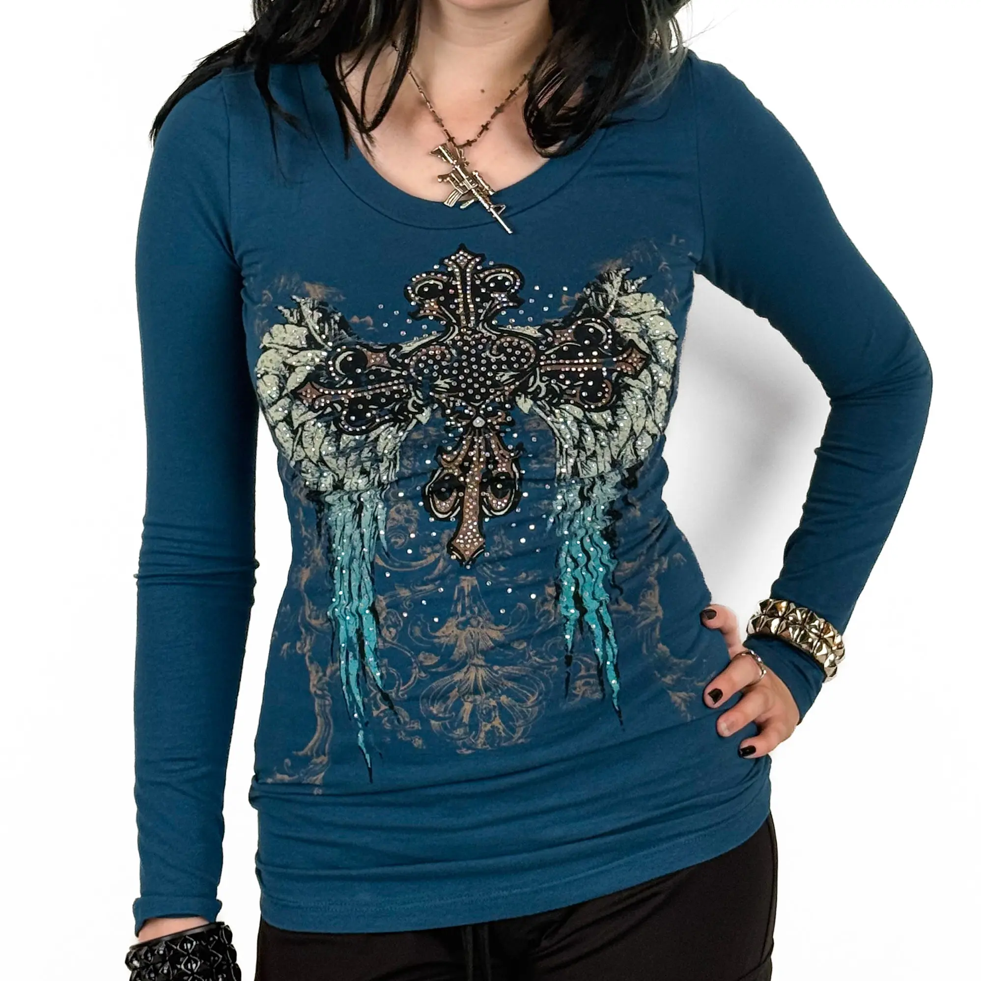Angela Rhinestone Long Sleeve Teal - Cotton