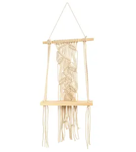 24 inches Boho Chic Wood Off-White Macrame Shelf Textile Art