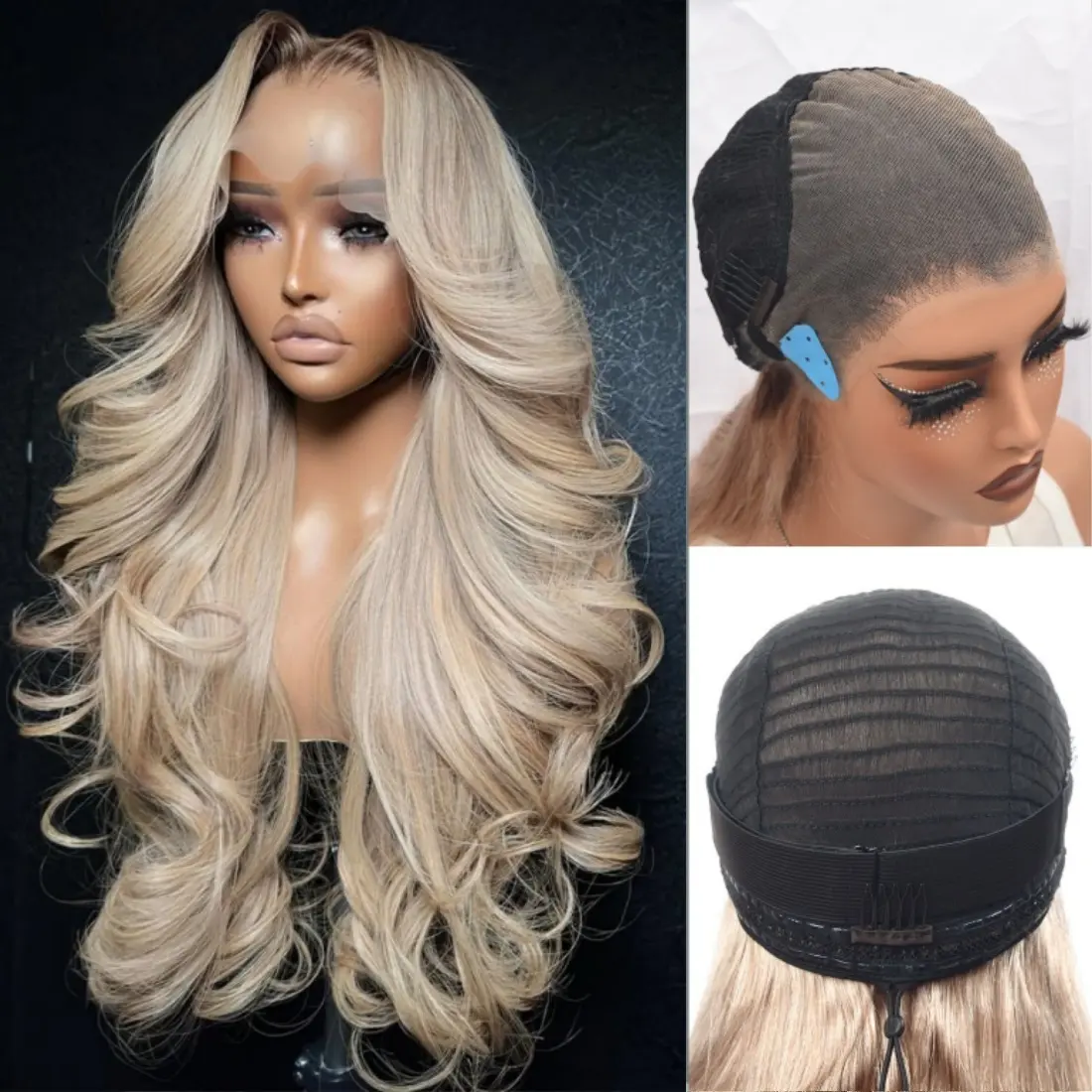 Ombre Ash Blonde Drawstring Wig Body Wave Glueless Wig With Dark Root Colored Lace Front Wigs Human Hair For Women 13x6 HD Lace Wig 180% Density Raw Remy Hair Wigs Pre Cut