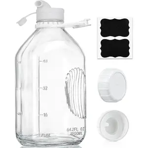 2 Qt Glass Milk Bottle with Reusable Strong Airtight SCREW LID, 64 Oz Glass Juice Bottles for Almond Milk, Oat/Nut Milk- 0.5 Gal Water Bottle with 2 Exact Scale Lines, Extra Handle AND Cap！
