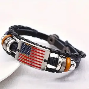 American Flag Bracelet - Black Leather with Metal Buckle, Features American Flag Design, Adjustable Fit