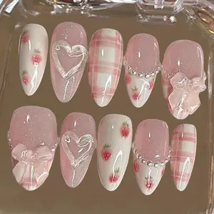 Strawberry Bow Press On Nails, Pink Kawaii Fruit Nail Art, Handmade Reusable Gel Acrylic Full Cover Nails