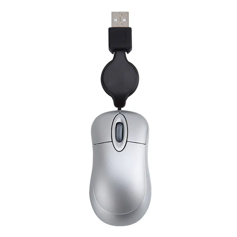 Silver Compact Mini USB Wired Mouse with Retractable Cord, 1200 DPI Optical Track, 3D Technology, ABS Plastic Build, USB Port Compatibility, Kids-Friendly Travel Accessory for Windows 98/2000/XP/Vista