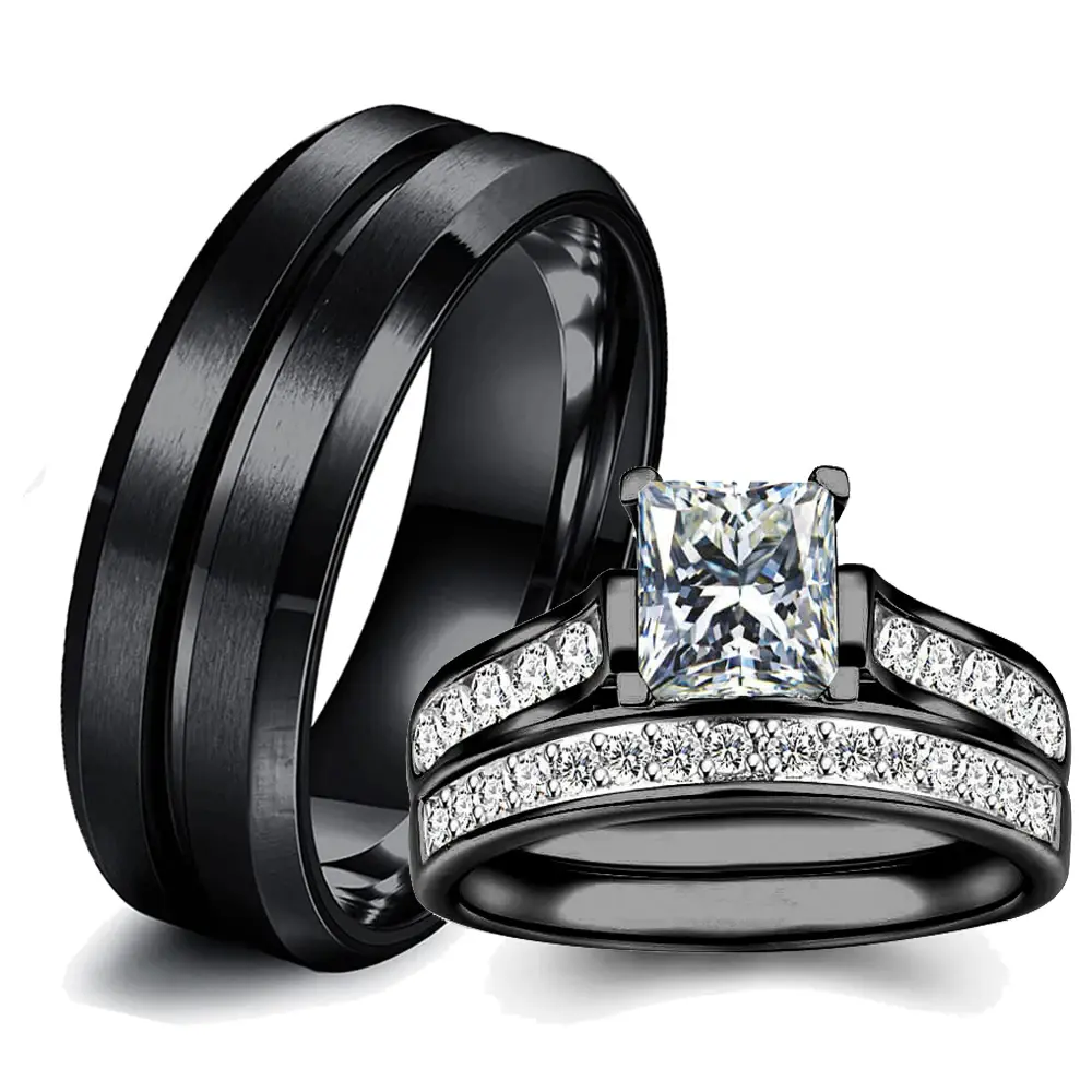 Fashion Couple Rings Romantic White Rhinestones CZ Women Rings Set Simpe Men's Stainless Steel Rings For Couple Wedding Jewelry