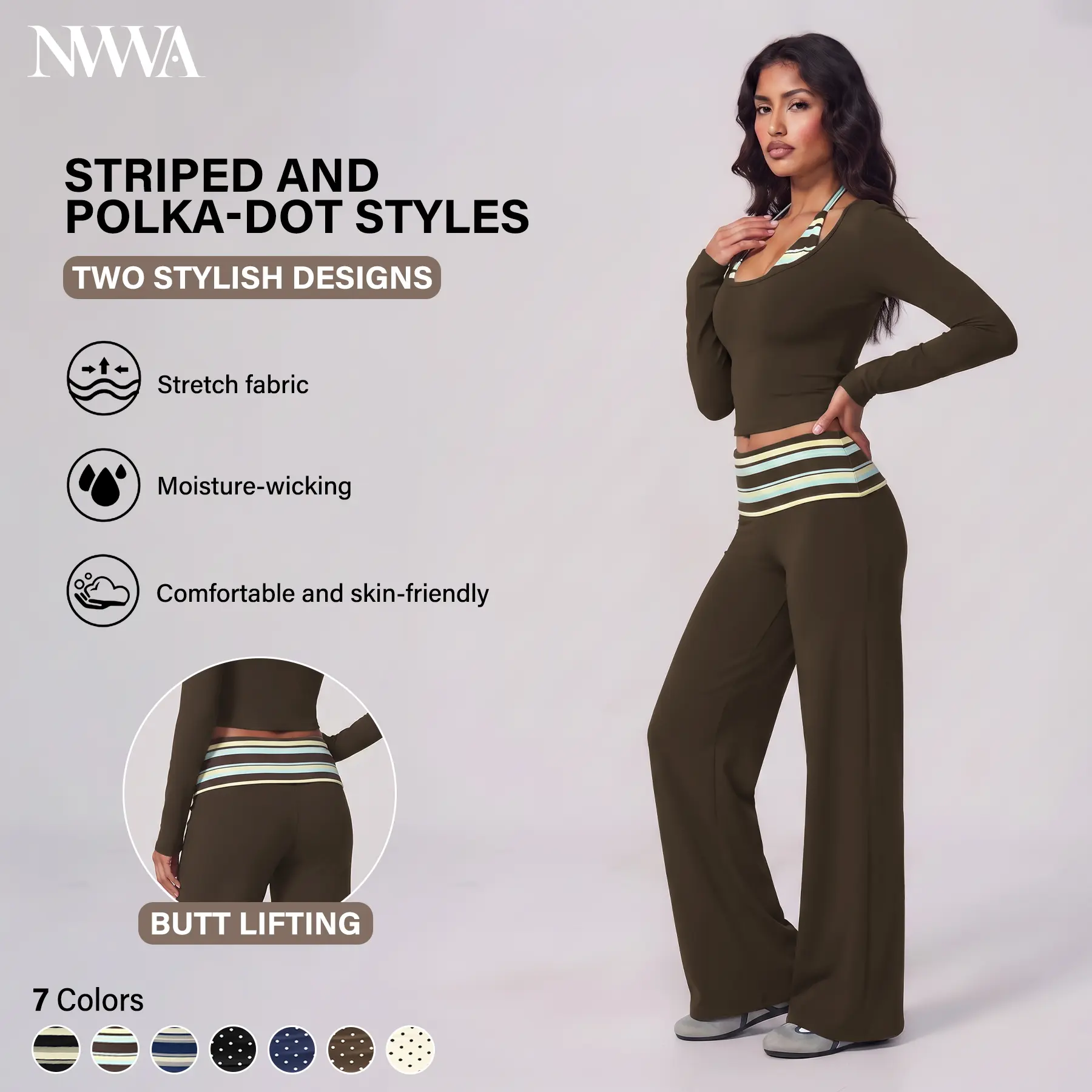 NVWA Women's 2 Piece Outfits Fake Two-Piece Long Sleeve Crop Top with Striped OR Polka Dot, High Waisted Wide Leg Pants, Butt Lifting Yoga Lounge Set, Chic Activewear Workout Outfits, Soft Stretchy Gym Wear
