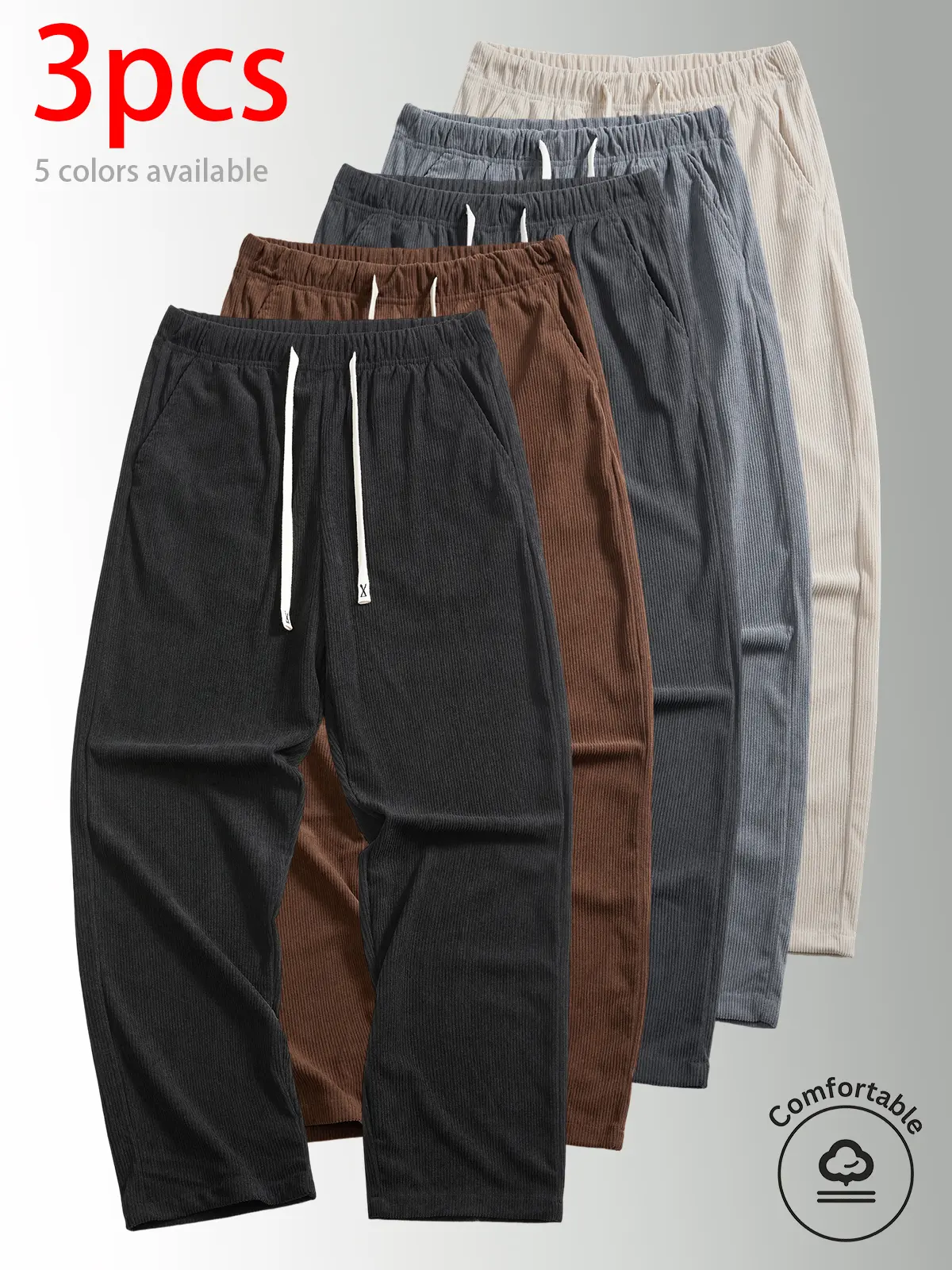 3-pack men’s long pants: corduroy casual pants, straight-leg casual pants, sweatpants. Drawstring waistband design. Comfortable, versatile—suits many body types. Available in multiple colors. Suitable for everyday wear, commuting, and relaxing at home. Un
