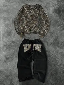 Men's Fashion Sport Camo Round Neck Sweatshirt and Drawstring Straight Leg Pants Set Outfit, Comfortable Loose Casual for Spring & Fall