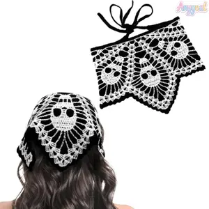 Anygoal Halloween Themed Skull Embroidery Crochet Hair Band, Gothic Tie Back Triangle Bandana Head Scarf ,Cute Scary Hair Band, Hand Knit Halloween Hair Accessory for Women, Ideal for Cosplay,Boho Themed Parties, Gothic Outfits and Daily Wear summervibes