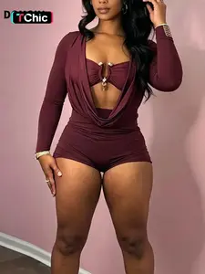 DOUCIU Women's Solid Color Simple  All-match Cool Metal Decor Cut Out Romper Casual Street Fashion Long Sleeve Romper for Nightclub Music Festival Ladies Summer Clothes Womenswear