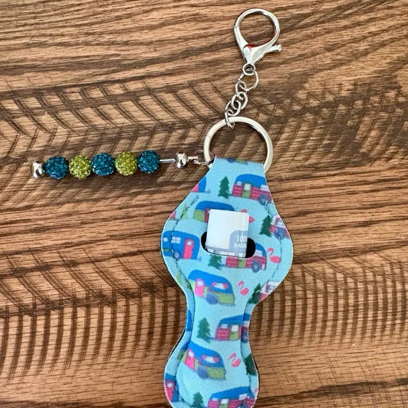 Campervan Keychain with Beaded Charm and Metal Keyring for Camping Enthusiasts