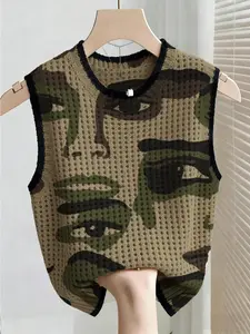 Boho Style Casual Summer Vacation Loose Fit Round Neck Sleeveless Hollow Out Color Block Cardigan, Face Print Camouflage Knit Top for Women