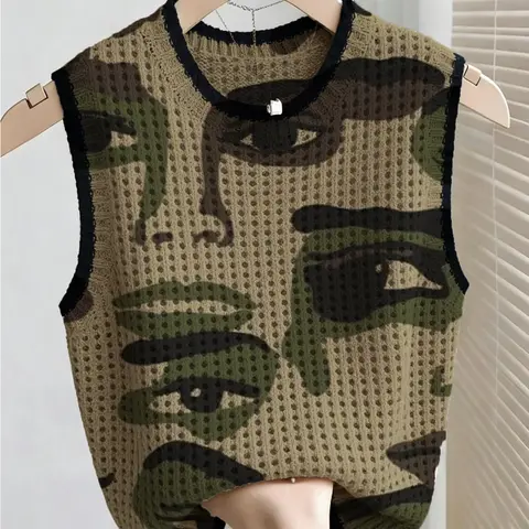 Women's Boho Camouflage Print Sleeveless Colorblock Knit Tank Top, Loose Fit Baggy Hollow-Out Color-Block Summer Top, Round Neck Casual Vacation Crochet Vest, Knitwear, Womenswear, Fashion Sleeveless Vest