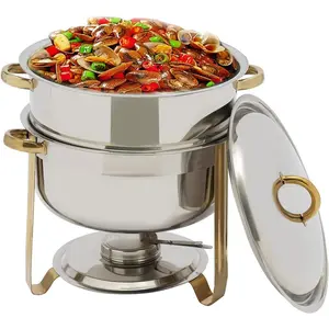 14 Qt. Soup Chafer, Soup Warmer Catering Supplies Food Warmer, 201 Stainless Steel Chafing Dish Buffet Set with Fuel Holder, Round Food Warming Tray for Event Party Holiday Dinners (Gold)