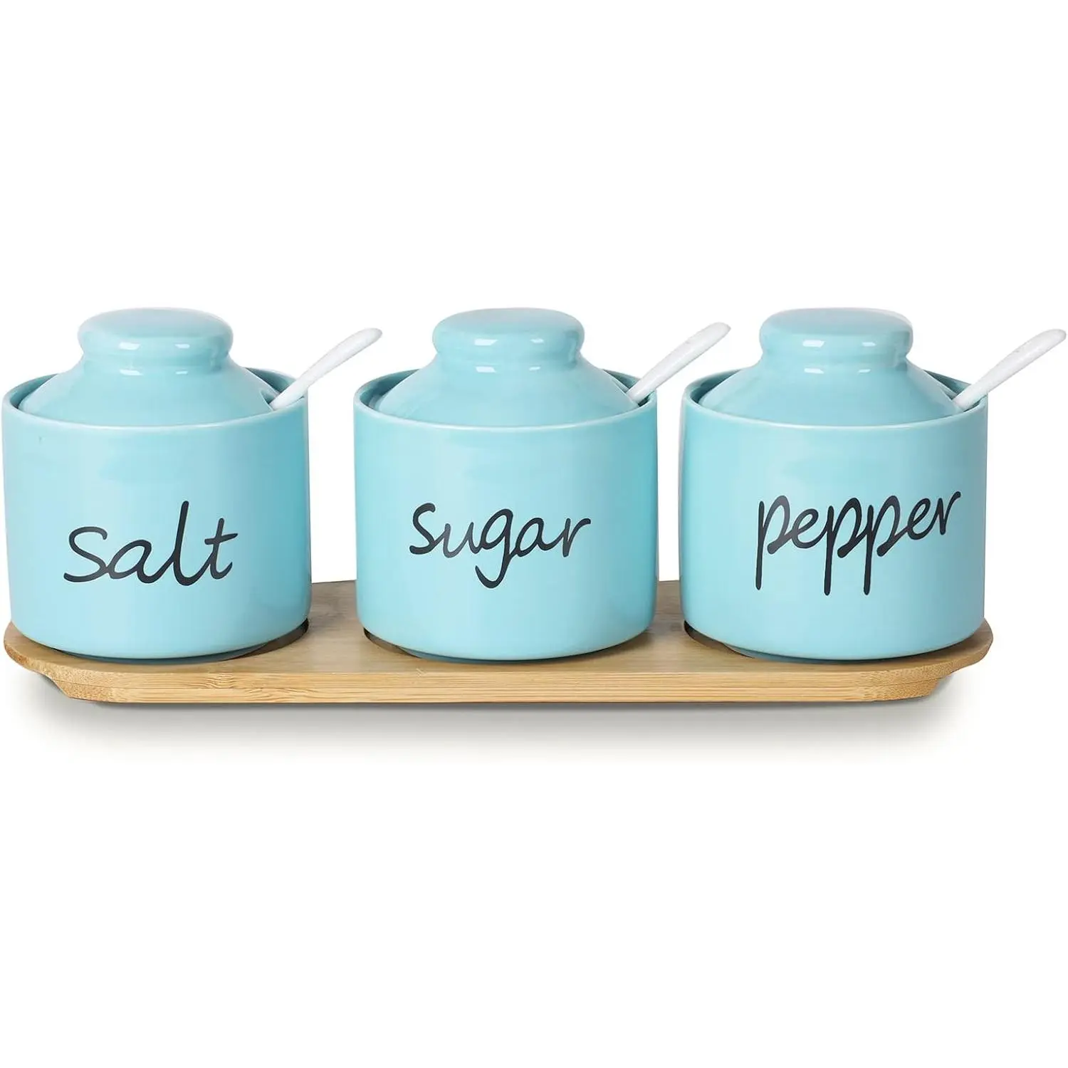Farmhouse 8oz Sugar Pepper and Salt Bowls with Lid and Spoon, Ceramics Condiment Pots,Seasoning Jar  Container for Kitchen,Dishwasher Safe (Turquoise)